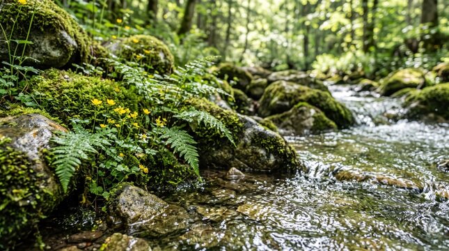 Moss covered rocks and ferns beside clear forest stream with shallow flowing water and dappled sunlight, peaceful woodland creek scene
