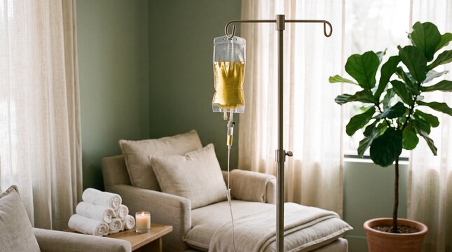 Medical iv drip stand in cozy wellness room with potted plant and relaxation