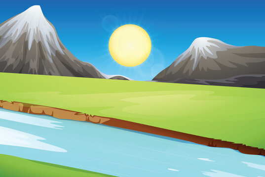 Scenic vector landscape illustration featuring snowy mountain peaks, a bright sun, green grassy fields, and a flowing river.