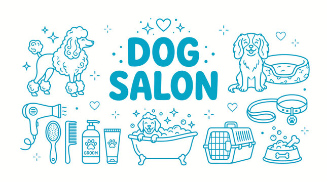 Blue line-art illustration of a dog grooming salon with tools, a bath tub, and pampered dogs