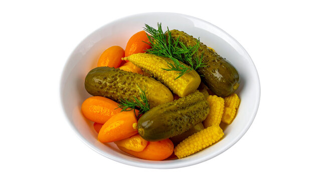 pickled cucumbers and tomatoes served in a bowl, isolated on transparent background