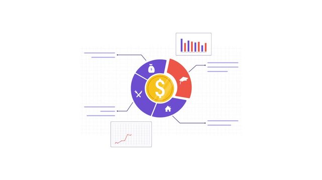 Animated Financial Pie Chart with Icons and Data Graphs