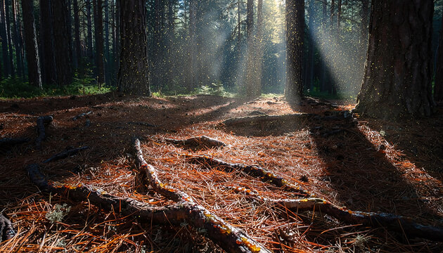 Morning Sunrays Piercing Through Pine Forest Ground Generative AI
