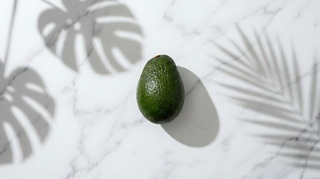 Single green avocado casting shadow on bright white marble surface with leaf patterns