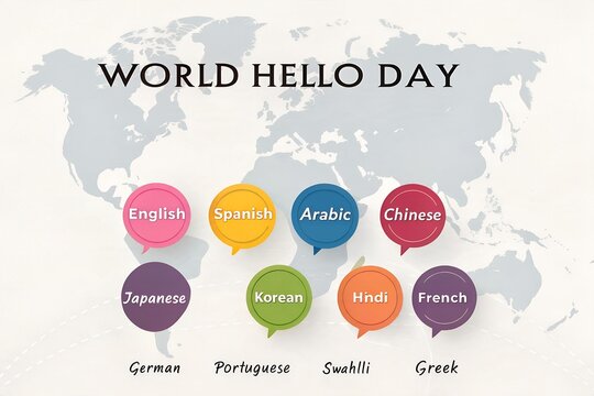 World hello day illustration with languages and map background, language