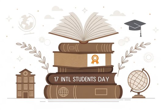 International students day vintage book stack composition with globe and school