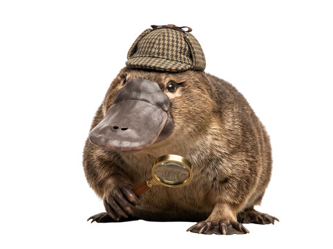 Cute platypus wearing a detective hat holding a magnifying glass transparent background