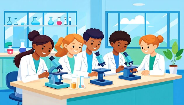 Children learning science with interactive globe and microscope.