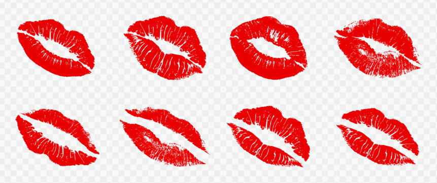 Red lipstick kiss mark vector set with realistic lip print imprints isolated on transparent background for beauty, romance, fashion, branding, packaging, and creative graphic design projects. Clean 