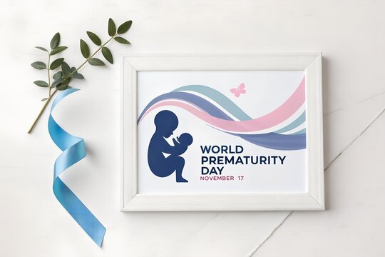 World prematurity day frame with silhouette of baby and abstract ribbons