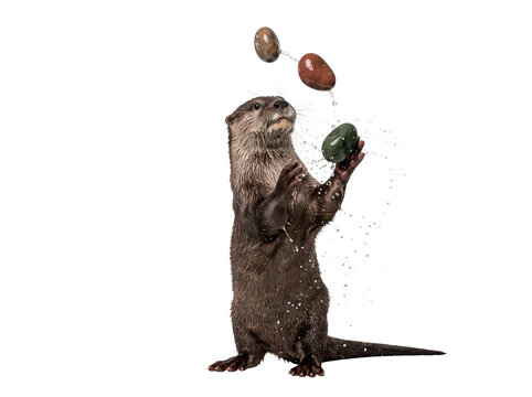 Cute otter standing and juggling colorful eggs in the air transparent background