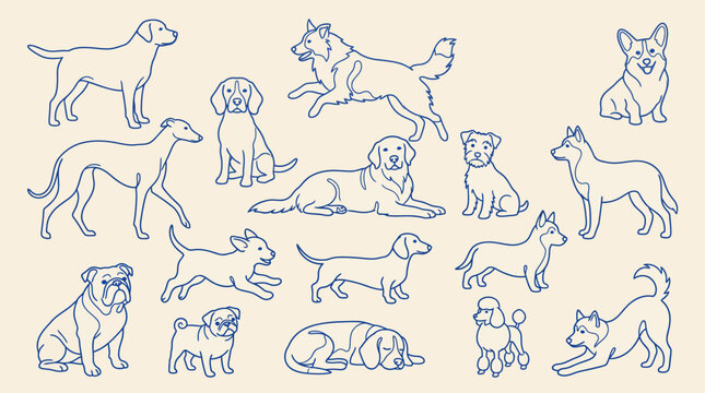 Collection of blue line-drawn dogs in multiple poses and activities, including standing, running, sitting, lying, and playful poses.