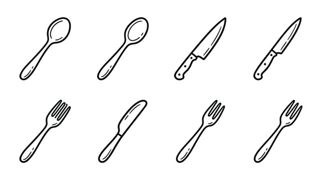 Hand drawn cutlery icons set, black and white doodle kitchen utensils vector, minimalist spoon fork and knife illustrations for restaurant menu