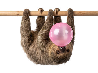 Fototapeta premium Funny brown sloth hanging on a wooden branch while blowing a big pink bubble gum ball transparent background