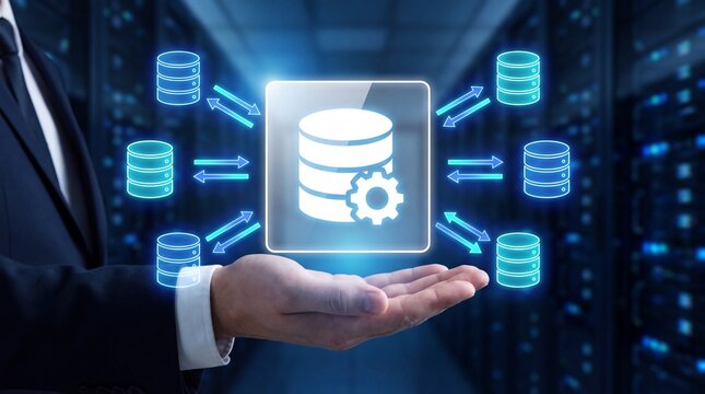 Businessman presenting database concept with glowing server icons in data center with surrounded server symbols holding glowing digital suited man holding icon surrounded