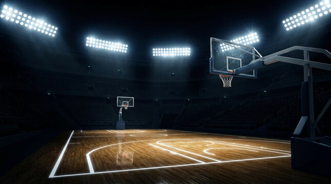 Professional Indoor Basketball Arena Empty Court with Wooden Floor and Bright Floodlights