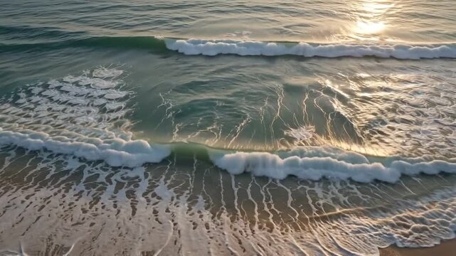 Aerial view of ocean waves crashing on a sandy beach at sunset, with golden light reflecting on the water, creating a serene natural background video