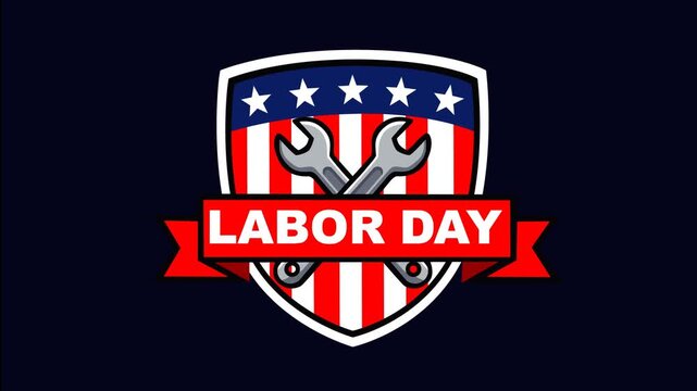 Animated Labor Day shield badge featuring crossed wrenches with American flag colors