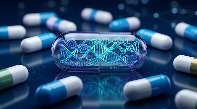 Transparent pill capsule containing a glowing blue DNA strand surrounded by pharmaceutical pills for genetic therapy research