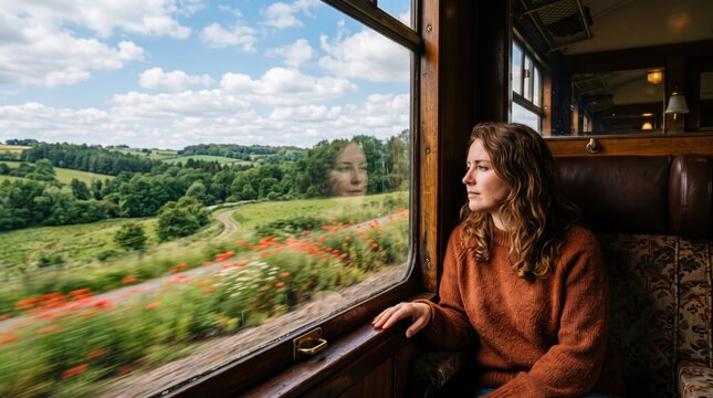 Woman with curly hair looking out vintage train window over rolling hills and poppy fields, contemplative travel portrait in warm interior light