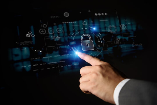 Businessman touching glowing padlock icon cybersecurity data protection network smart composite information privacy encryption corporate technology firewall safety virtual interface