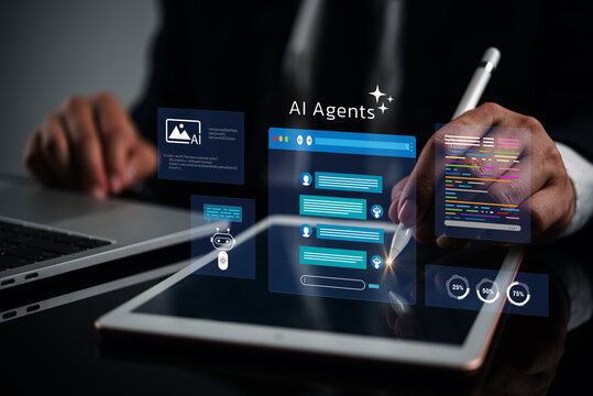 Professional working on laptop tablet presenting AI agents workflow machine learning code generation digital communication modern corporate technology networking developer