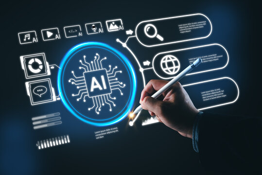 Hand using stylus multimodal generative artificial intelligence microchip interface media icons smart composite technology digital content creation automation innovation software