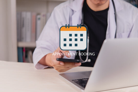 Doctor using smartphone online appointment booking calendar smart composite healthcare telemedicine application healthtech digital clinic hospital schedule innovation flat design interface