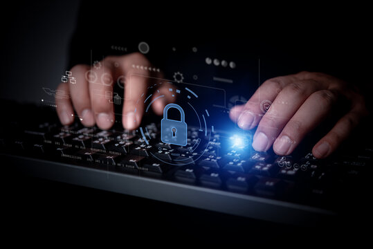 Hands typing keyboard glowing padlock cybersecurity encryption network interface smart composite data protection privacy technology software automation firewall access secure network