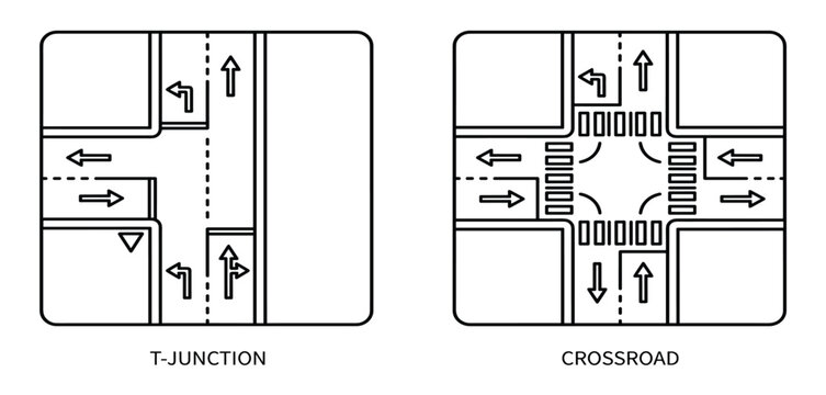 T junction and crossroad diagram line art icons