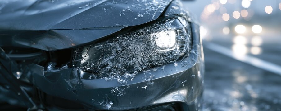Close-up of a severely damaged car headlight, shattered glass and bent metal