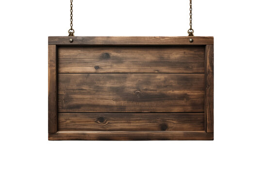 Dark framed wooden sign hanging from chains