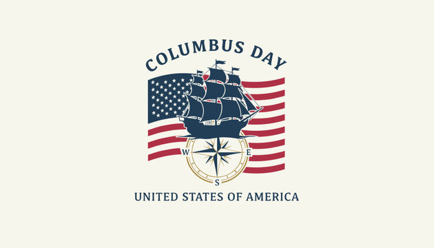 Historic sailing ship sailing in front of a waving US flag with a nautical compass below to celebrate Columbus Day.