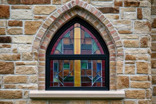 Gothic Arch Stained Glass Window on Stone Church Facade.