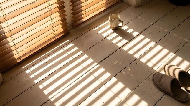 Warm sunlight streaming through blinds onto wooden floor with mug and slippers