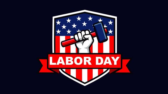 Animated Labor Day shield badge featuring a raised mallet over the American flag