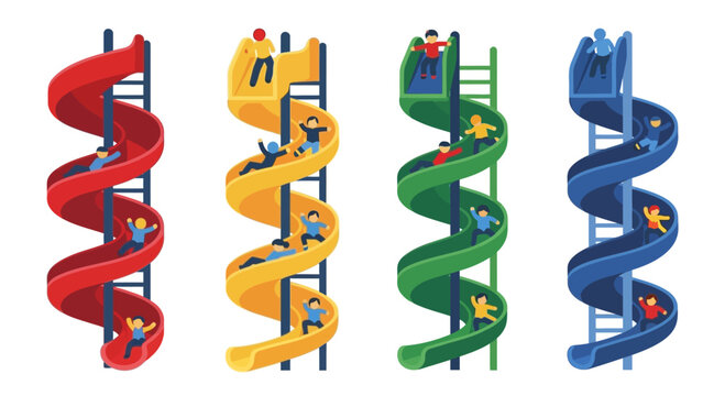 Colorful Spiral Playground Slides with Playing Children Set