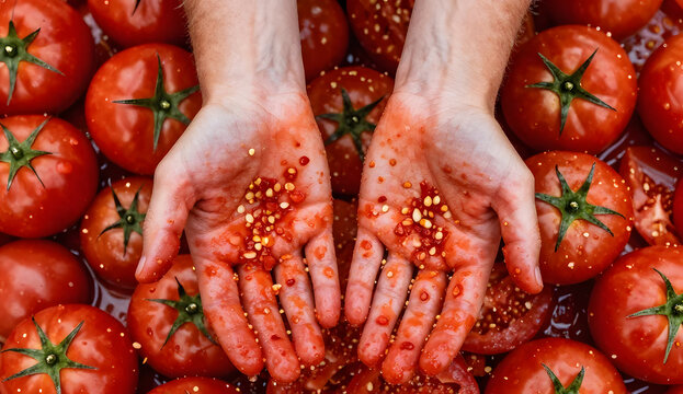 Artistic overhead shot of two hands emerging from a pile of crushed tomatoes, palms covered with tomato juice and seeds, surrounded by endless smashed tomatoes from La Tomatina festival