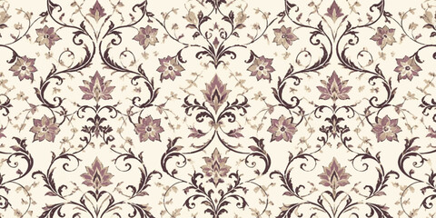 Obraz premium Damask Pattern Textile: Intricate damask pattern in muted tones of cream, brown, and pink, featuring floral motifs and scrolling vines, evoking a sense of classic elegance.