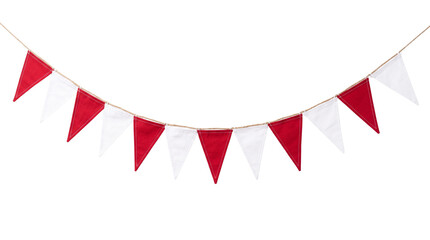 Obraz premium Red and white bunting flags. Festive triangular pennants hanging on a string.