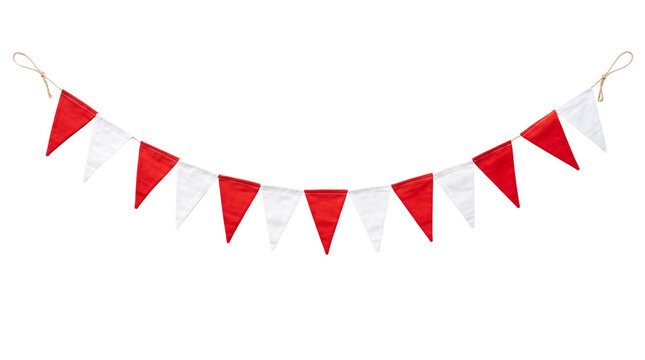 Red and white bunting flags. Festive triangular pennant banner for party decoration.
