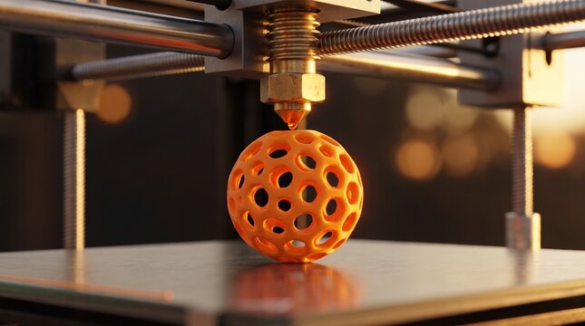 3d printer nozzle printing orange sphere with holes with additive manufacturing printing process object creation fabrication technology industrial robotic plastic metal