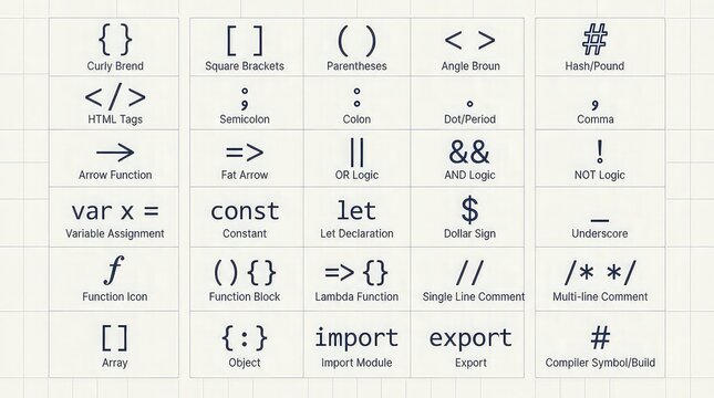 Programming language symbols and icons on grid background with including curly braces displays grid various braces html tags development parentheses