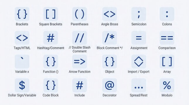 Programming language symbols lined up in rows on white background with programming icons grid programming developer tools coding symbols symbols labels