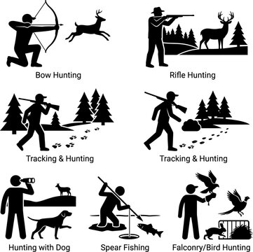 Diverse hunting and fishing icons showing bow rifle tracking dog spear and falconry activities