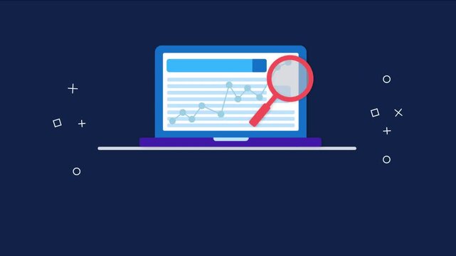 Digital search and data analysis concept with laptop and magnifying glass.