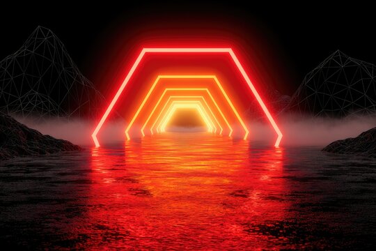 Futuristic neon hexagon tunnel glowing over reflective water and misty mountains