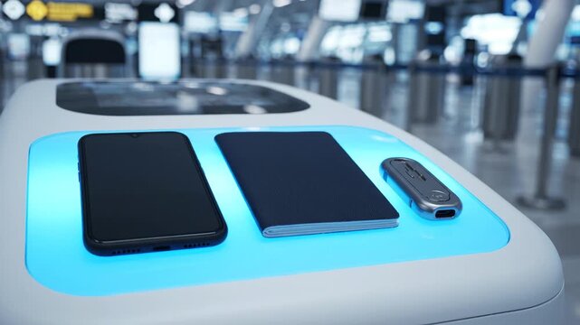 Smart airport kiosk with smartphone, passport, and USB drive for contactless check-in and biometric verification
