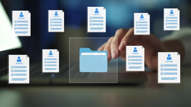 Employee document archive concept. File storage, personnel records, digital databases and organized office documentation systems.