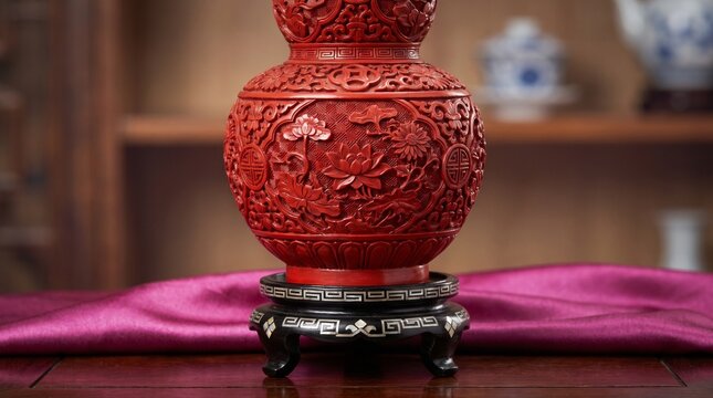 Intricately carved chinese cinnabar vase on stand with floral patterns with placed black stand gold accents intricate floral carvings stunning red chinese decorative culture